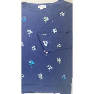 Coldwater Creek Floral Embroidered 100% Cotton Lightweight Sweater Navy Women SM